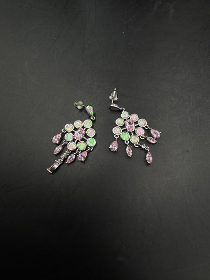 Silver Pink Opal & Crystal Dangle Earrings – Marked 925