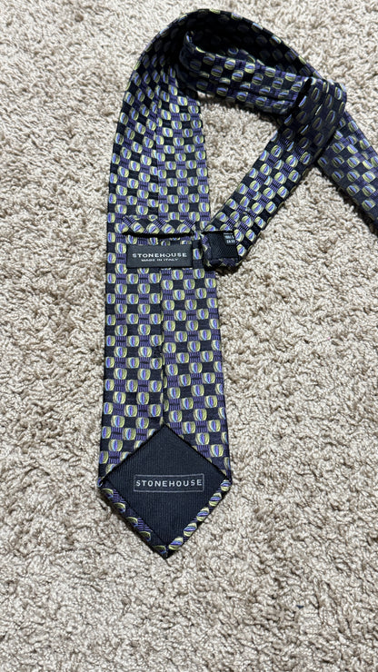 Vintage Stone House Made in Italy 100% Silk Tie – Geometric Medallion Pattern Designer Necktie Purple Green 59” x 3.5”