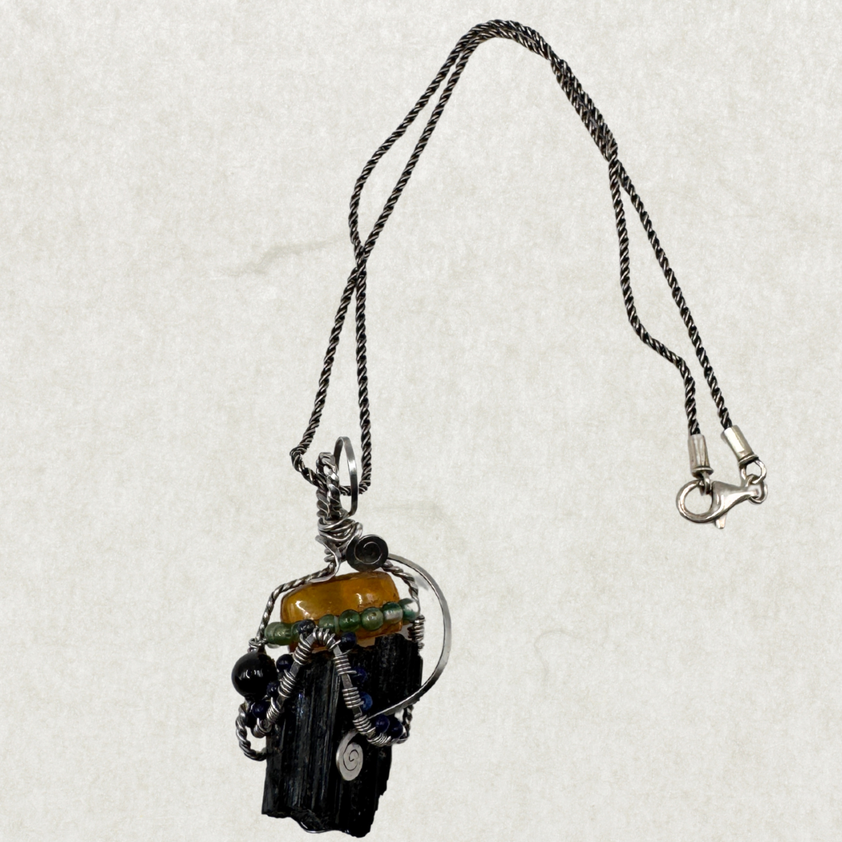 Handcrafted Black Tourmaline & Amber Sterling Silver Necklace