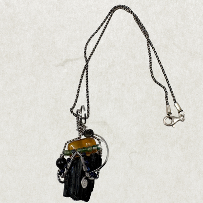 Handcrafted Black Tourmaline & Amber Sterling Silver Necklace