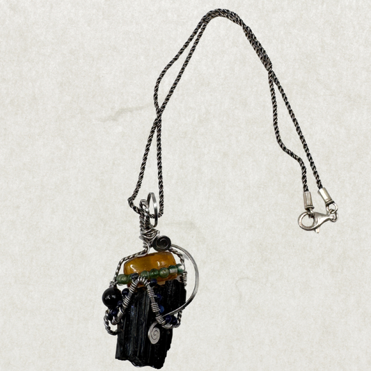 Handcrafted Black Tourmaline & Amber Sterling Silver Necklace