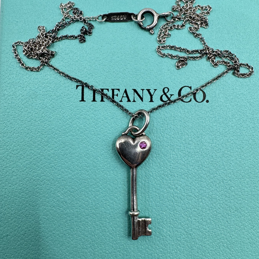 Tiffany & Co. Sterling Silver Heart Key Necklace with Pink Sapphire