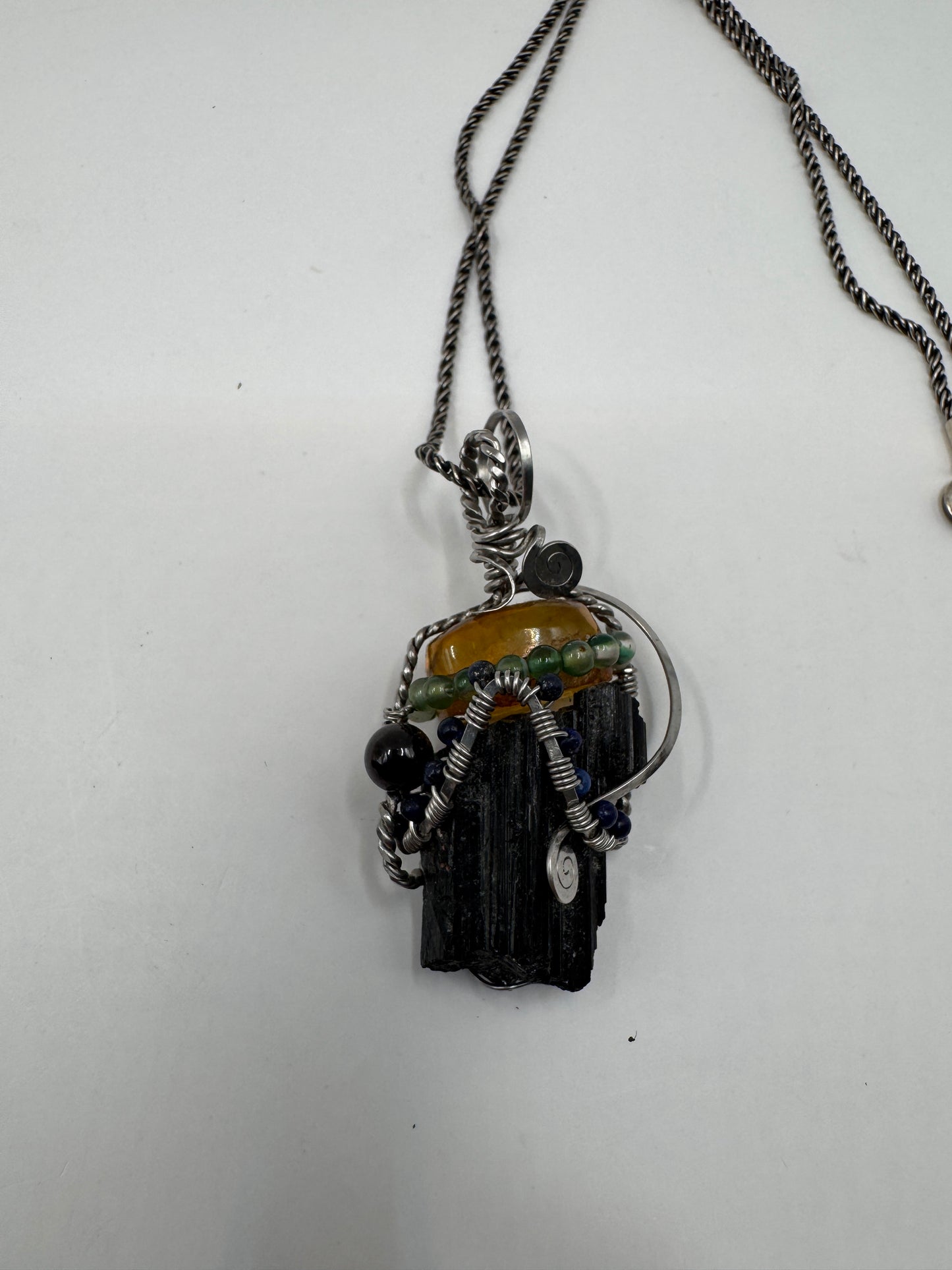 Handcrafted Black Tourmaline & Amber Sterling Silver Necklace