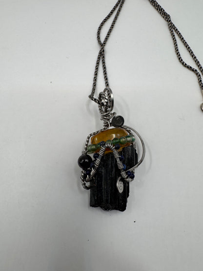 Handcrafted Black Tourmaline & Amber Sterling Silver Necklace