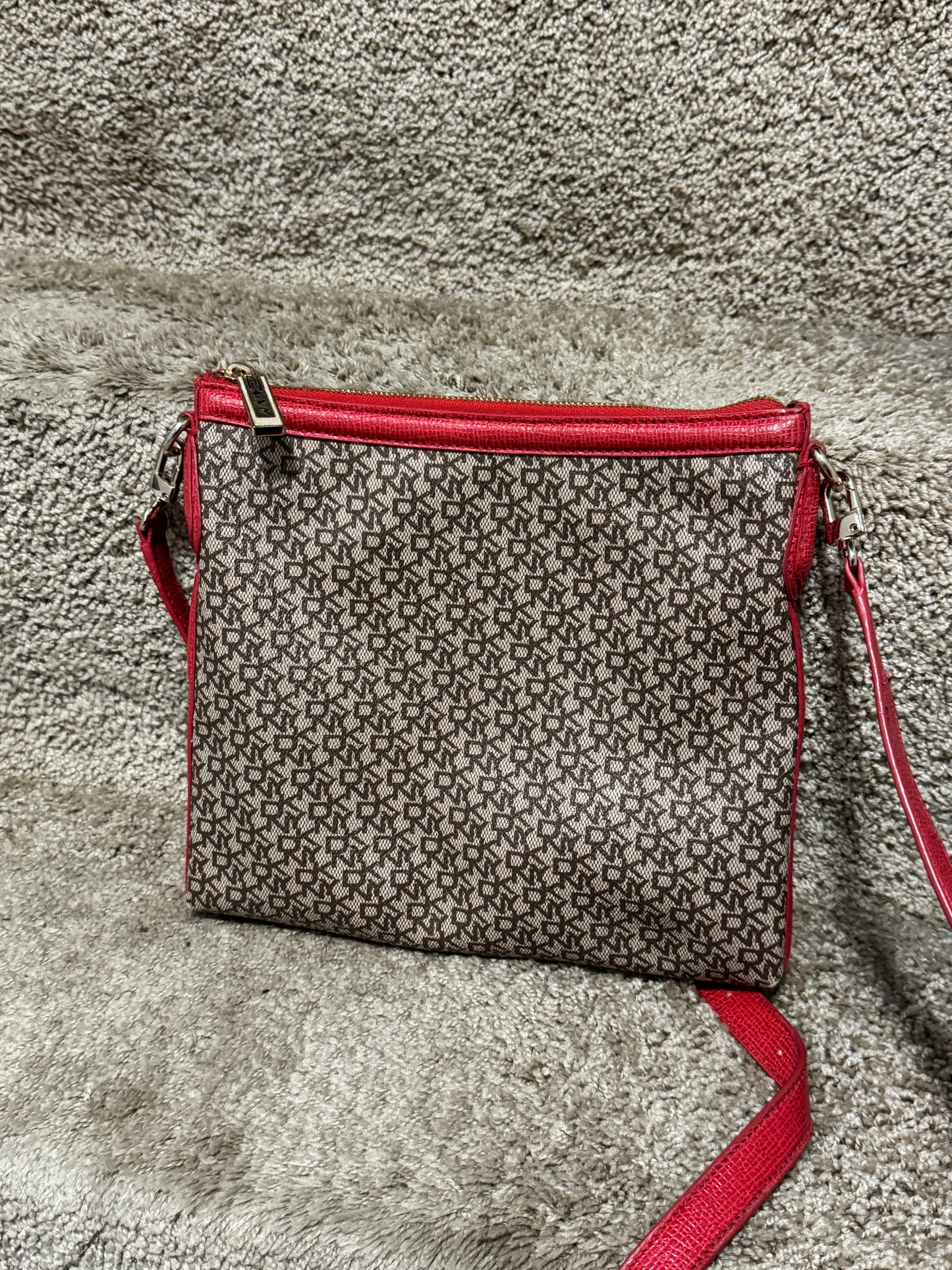 Vintage DKNY Active Crossbody Bag – Monogram Print Red Trim Purse 9.5” x 10”