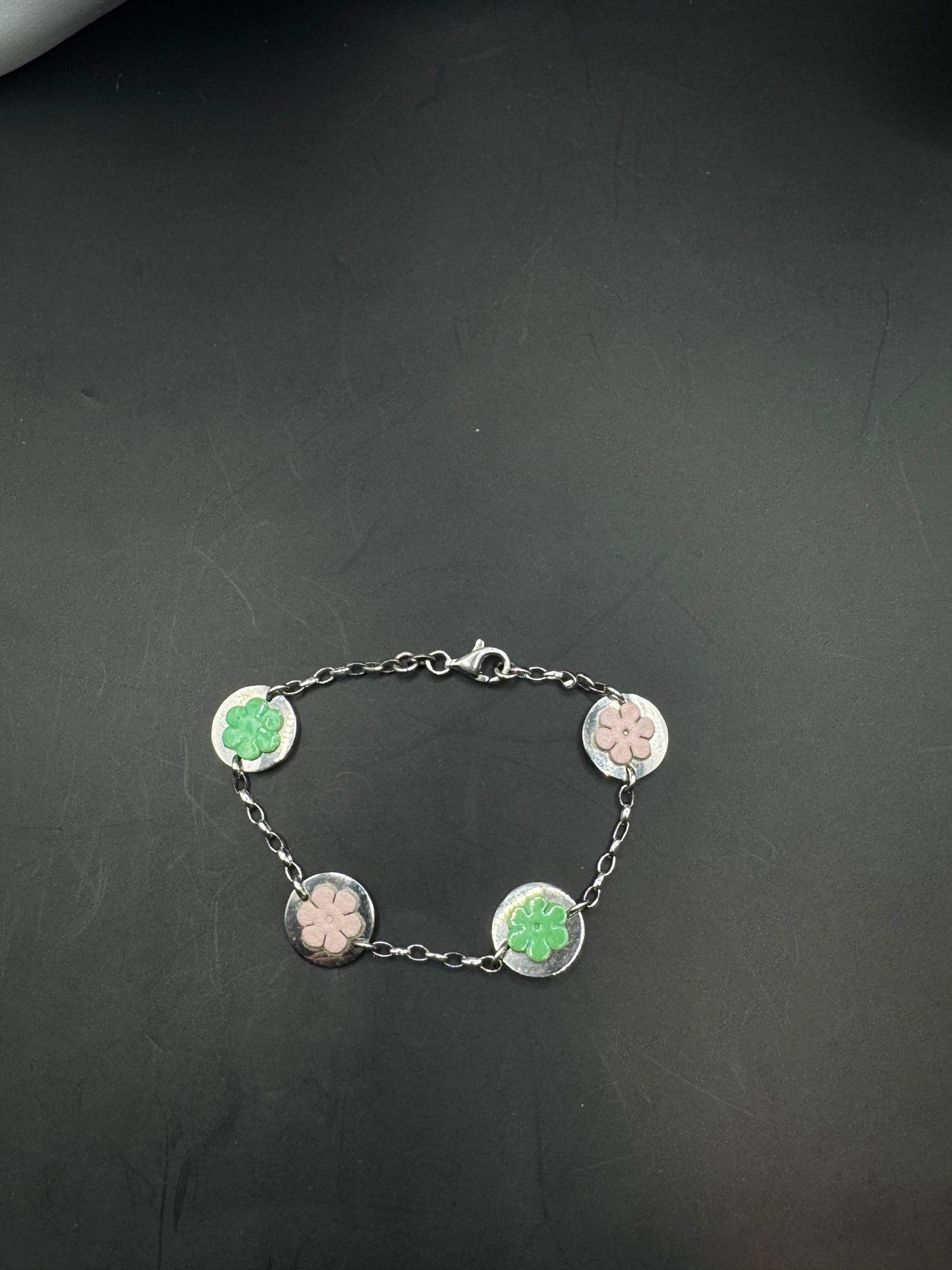 Vintage Italian Sterling Silver 925 Bracelet with Leather Flower Inlays – Pastel Floral Disc Design