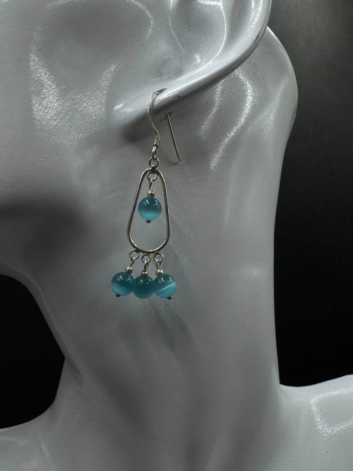 Vintage Sterling Silver Dangle Earrings with Aqua Blue Beads – Minimalist Chandelier Style