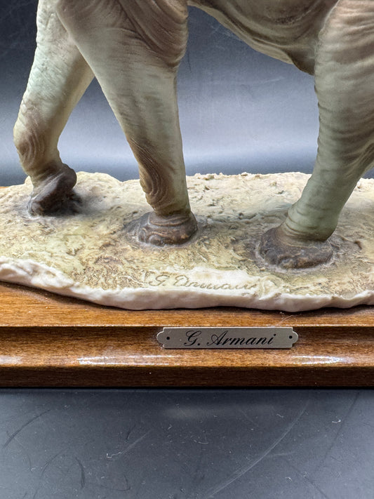 Giuseppe Armani Florence Capodimonte Elephant Sculpture – Signed G. Armani – Hand Painted Figurine on Wood Base – Damaged Tusk
