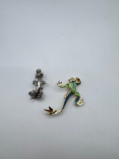 Gerry’s Poodle & Frog Brooch Set – Silver & Gold-Tone Metal Pins