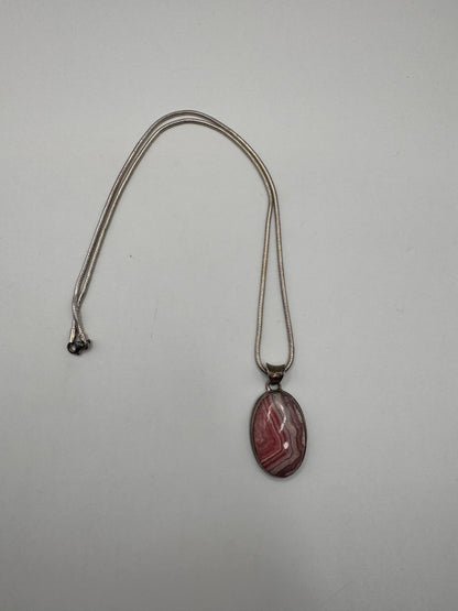Sterling Silver Rhodochrosite Pendant Necklace – Natural Banded Pink Stone, 925