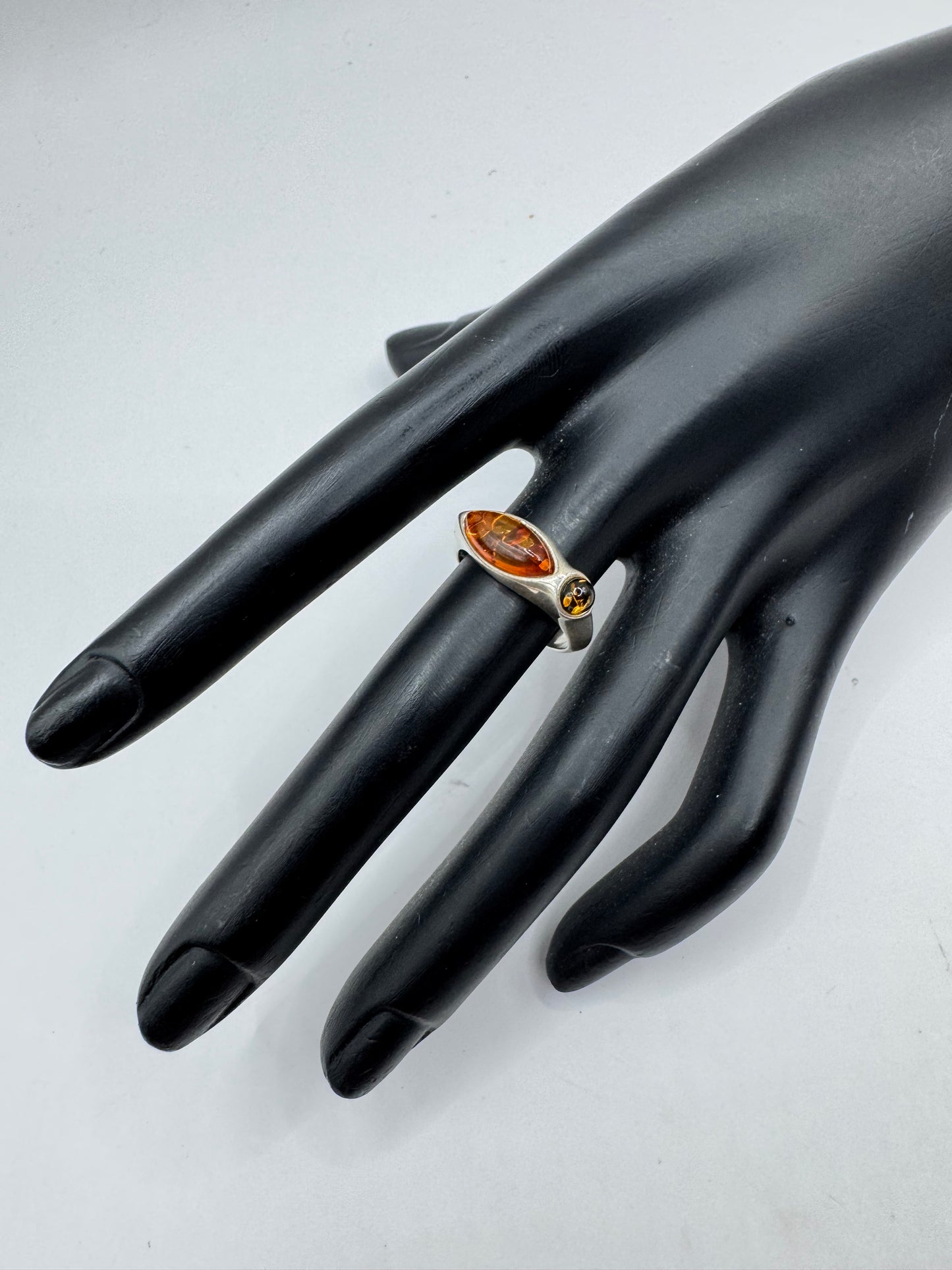 Vintage Sterling Silver Double Amber Navette Ring Size 7