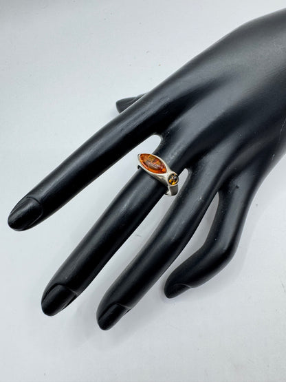 Vintage Sterling Silver Double Amber Navette Ring Size 7