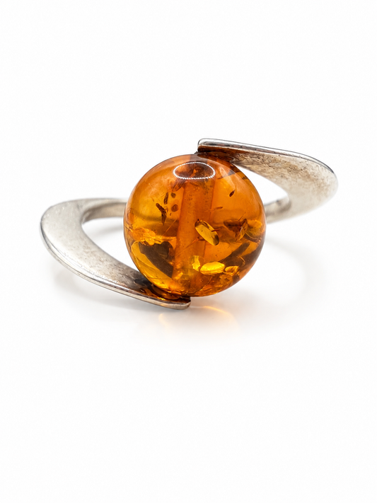 Amber Sphere Sterling Silver Ring Size 5