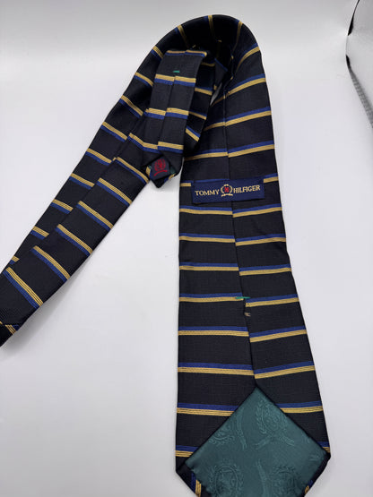 Vintage Tommy Hilfiger Silk Tie – 100% Silk, Navy Stripe Crest