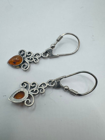 Sterling Silver Amber Filigree Drop Earrings
