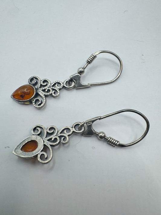 Sterling Silver Amber Filigree Drop Earrings