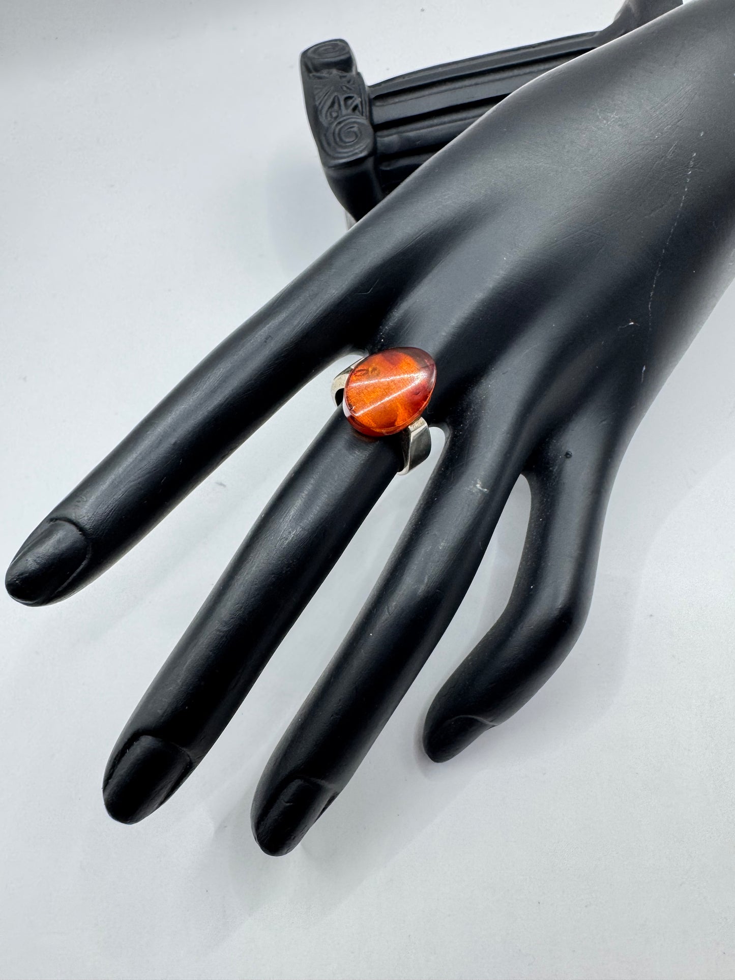 Vintage Sterling Silver Oval Amber Ring Size 6.5
