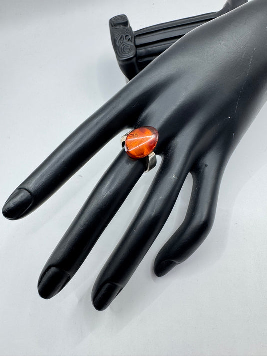 Vintage Sterling Silver Oval Amber Ring Size 6.5