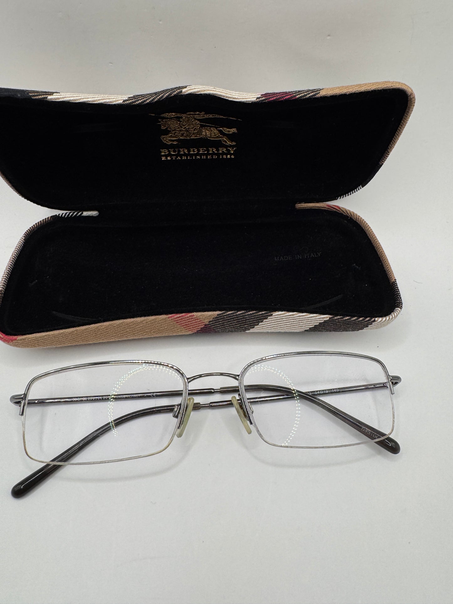 Burberry B 1068 1003 Half Rim Eyeglasses – Gunmetal Silver, Used, Good Condition  (Frame Only, Prescription Lenses Installed)