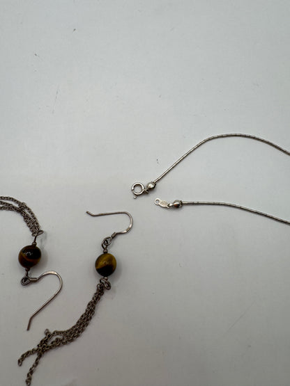 Vintage Sterling Silver Tiger’s Eye Necklace & Earring Set – Excellent Condition