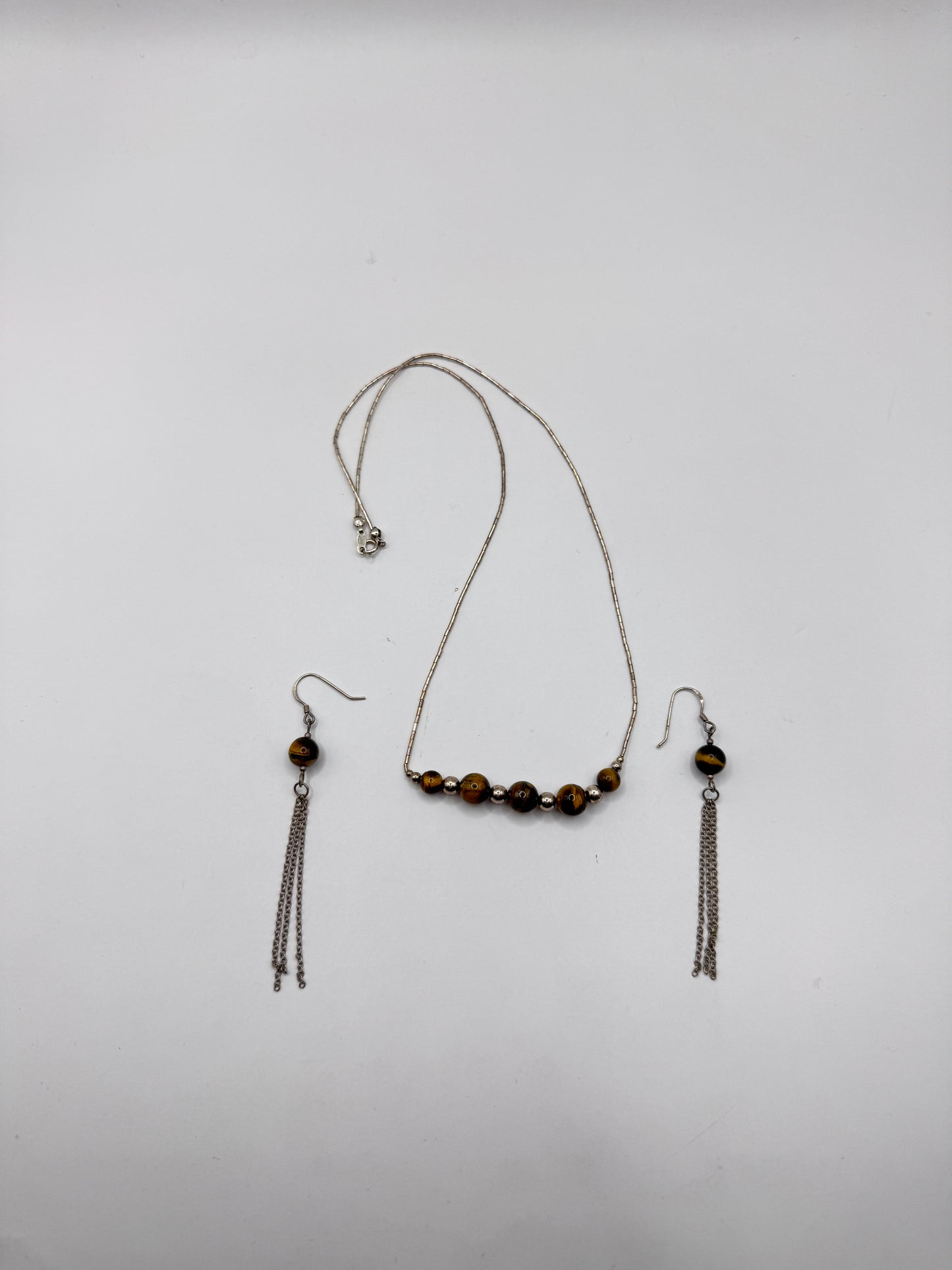 Vintage Sterling Silver Tiger’s Eye Necklace & Earring Set – Excellent Condition