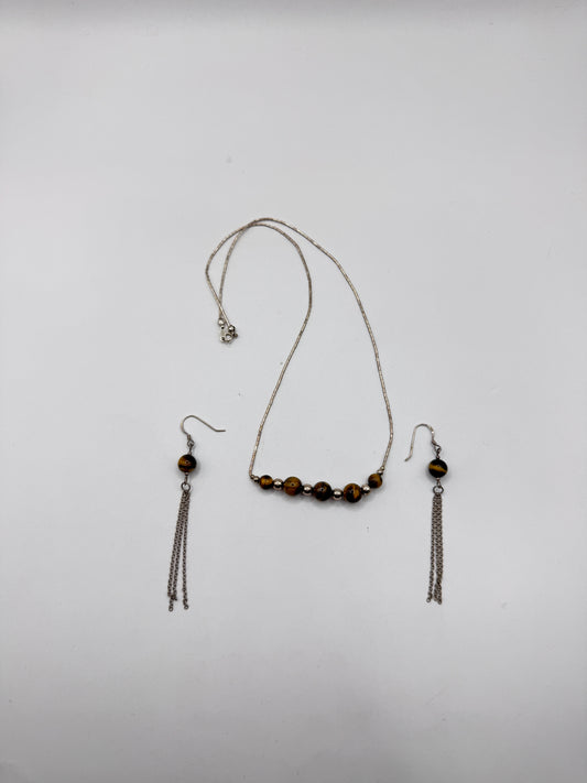 Vintage Sterling Silver Tiger’s Eye Necklace & Earring Set – Excellent Condition