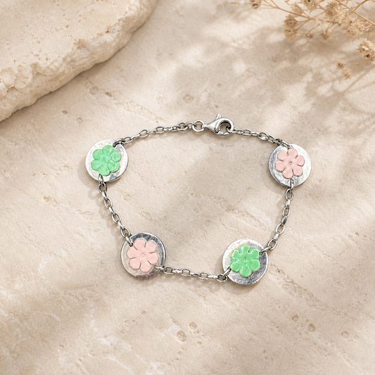 Vintage Italian Sterling Silver 925 Bracelet with Leather Flower Inlays – Pastel Floral Disc Design