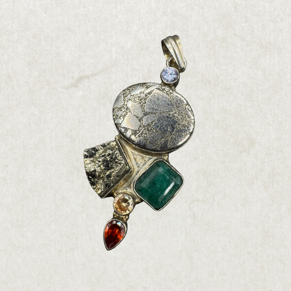 Large Vintage Sterling Silver Pendant with Natural Gemstones