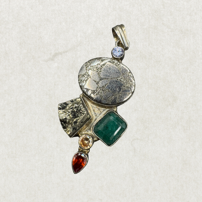 Large Vintage Sterling Silver Pendant with Natural Gemstones