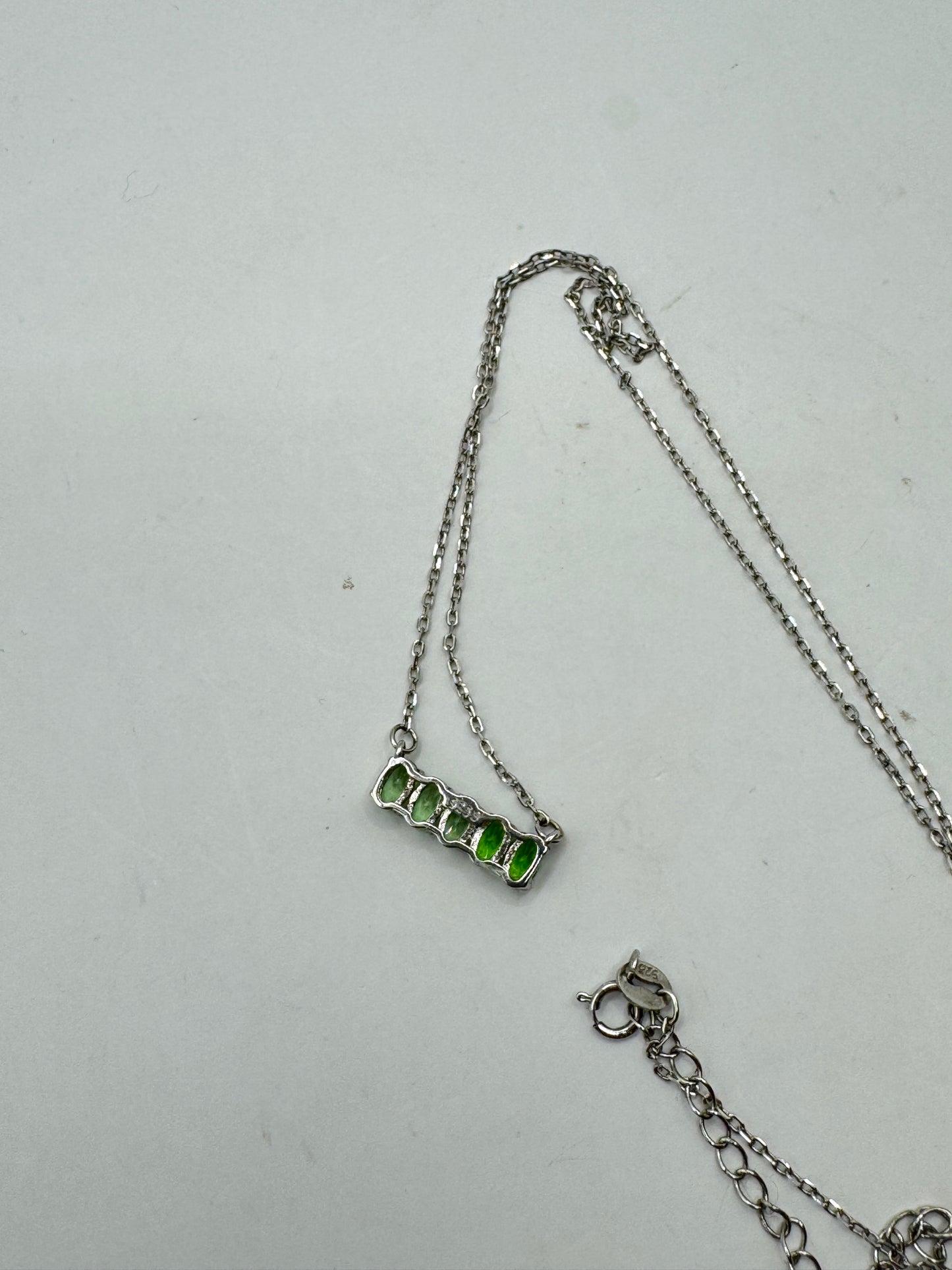 Vintage Sterling Silver Green Crystal Bar Necklace – Minimalist 925 Pendant Necklace 20”