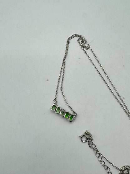 Vintage Sterling Silver Green Crystal Bar Necklace – Minimalist 925 Pendant Necklace 20”
