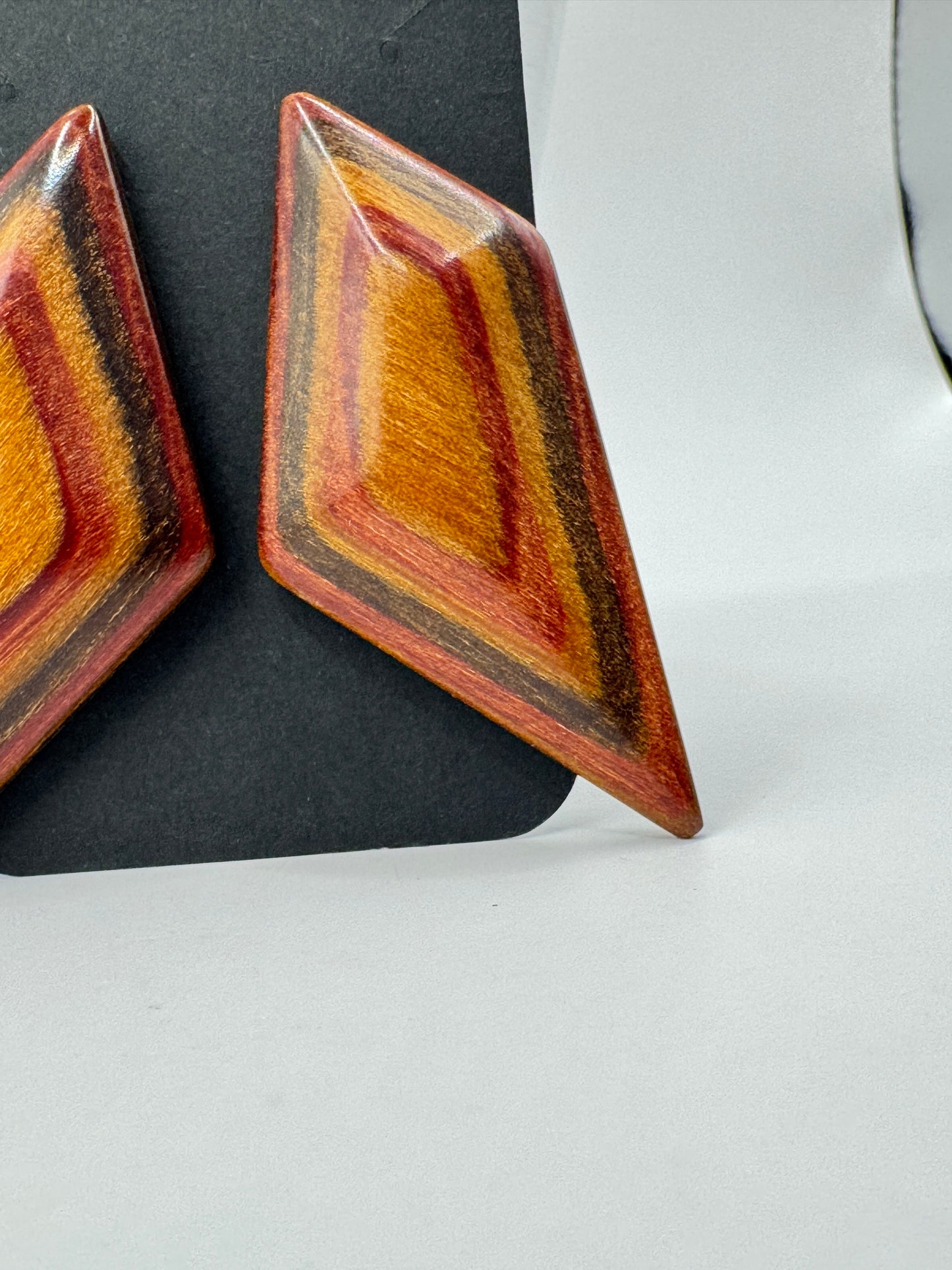 Vintage Geometric Wooden Earrings – Retro Diamond Shape Statement Studs