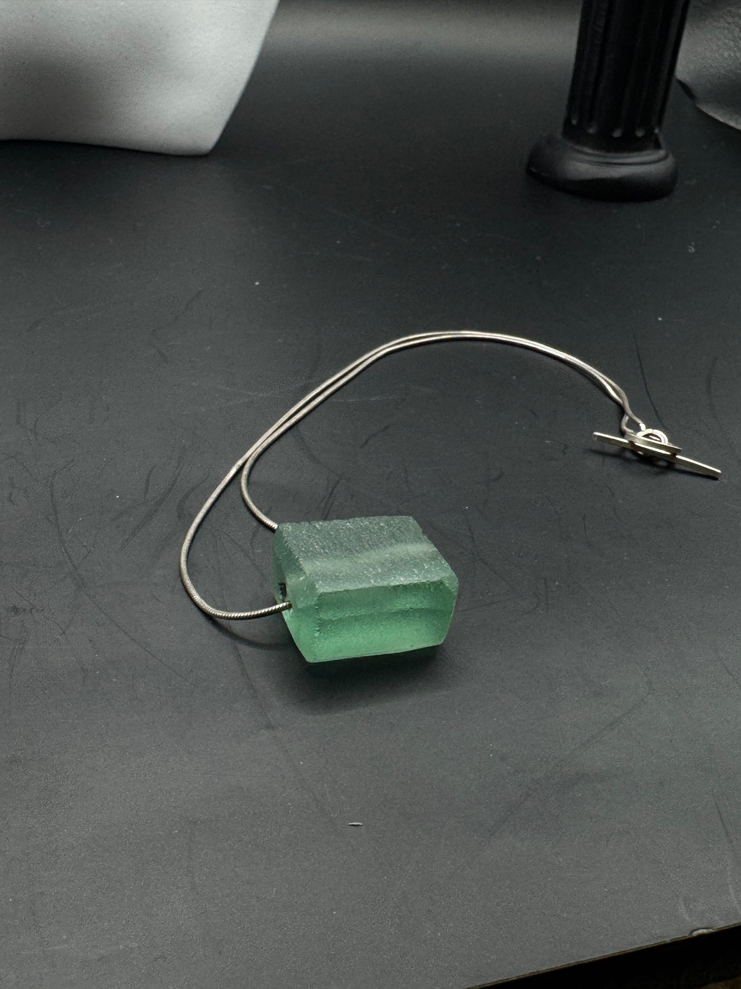 Sterling Silver Green Glass Pendant Necklace – Scandinavian Minimalist Cube, 16”