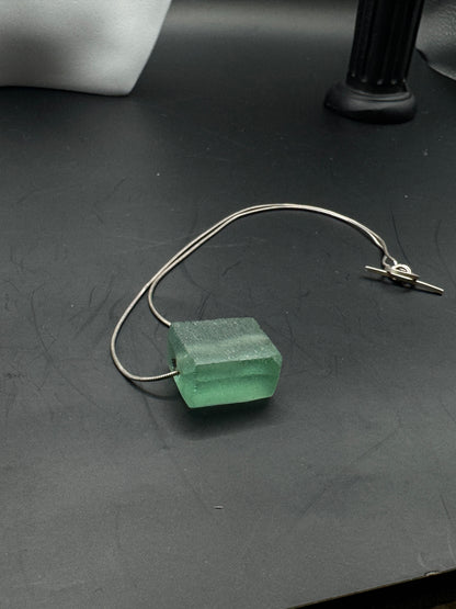 Sterling Silver Green Glass Pendant Necklace – Scandinavian Minimalist Cube, 16”