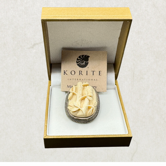 Vintage KORITE Sterling Silver 925 Pendant Brooch – Fossil Mammoth Ivory Floral Carving – CITES Exempt – Large Statement Piece – New Old Stock