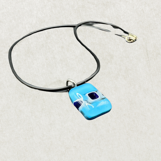 Murano Glass Pendant Necklace – Blue Art Glass on Black Cord – Handmade Look