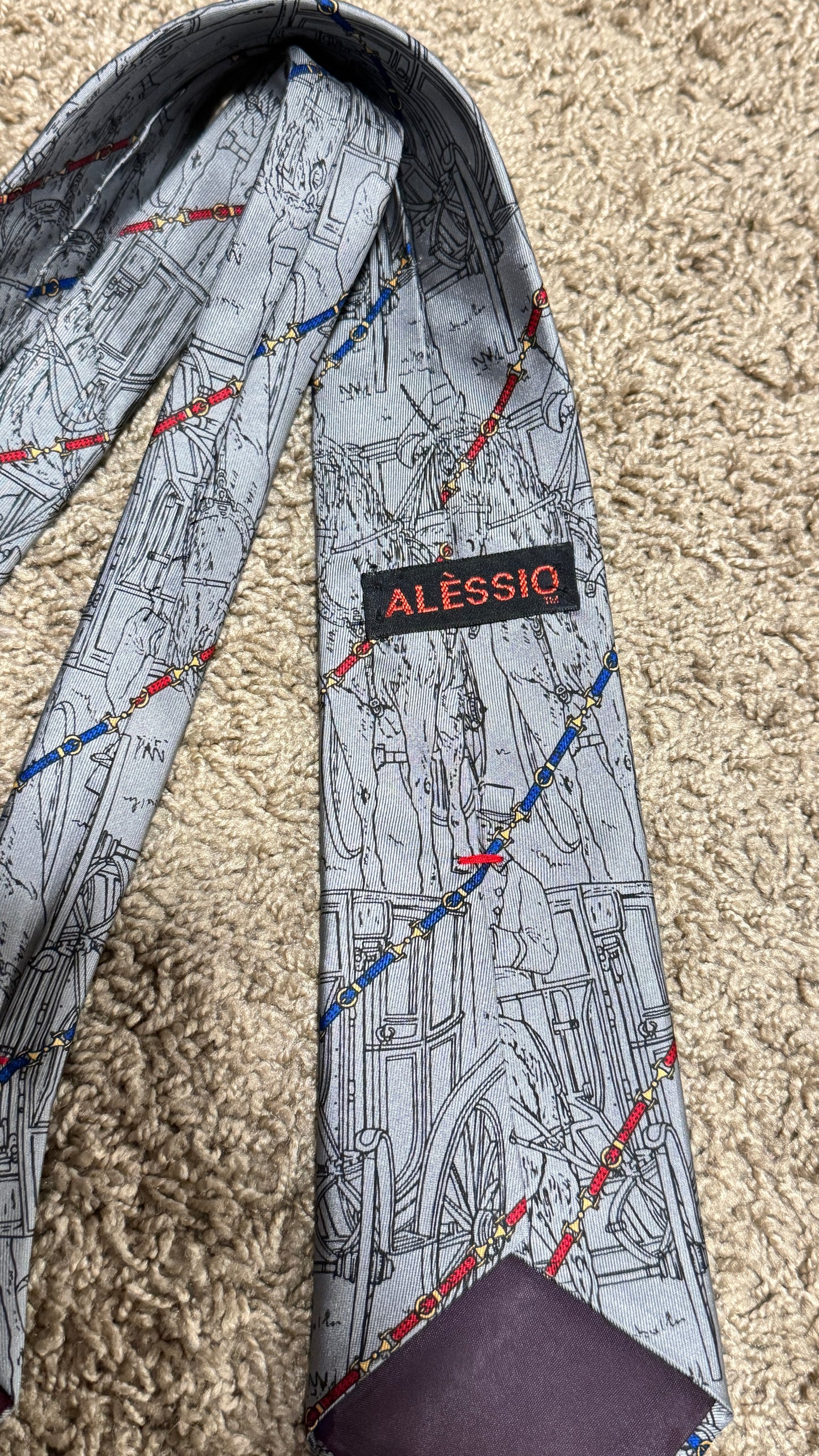 Vintage Alèssio Silk Tie – Equestrian Carriage Print, Gray Pattern, 100% Silk, 55”