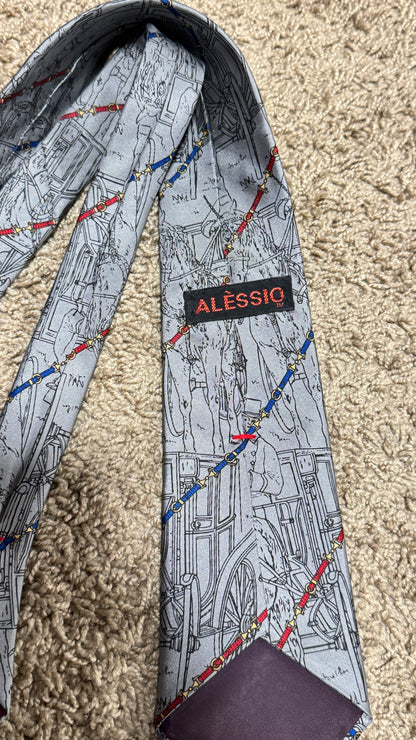 Vintage Alèssio Silk Tie – Equestrian Carriage Print, Gray Pattern, 100% Silk, 55”