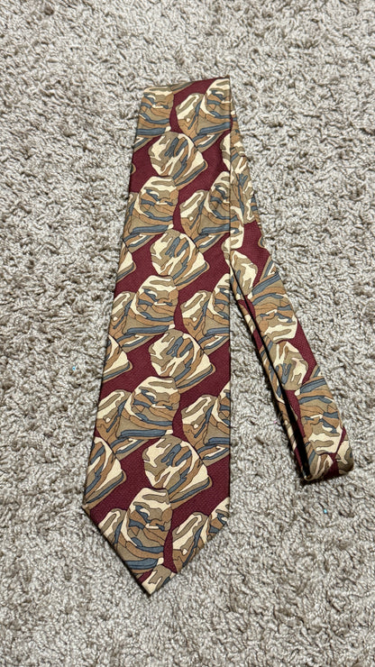 Vintage Expressions World Wide 100% Silk Tie – Abstract Earth Tone Pattern Designer Necktie Burgundy Beige 56” x 4”