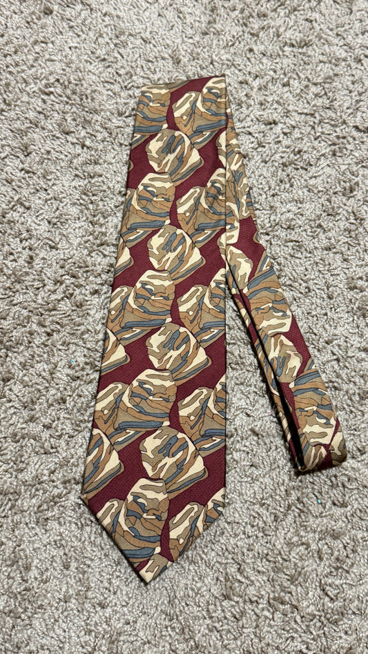 Vintage Expressions World Wide 100% Silk Tie – Abstract Earth Tone Pattern Designer Necktie Burgundy Beige 56” x 4”