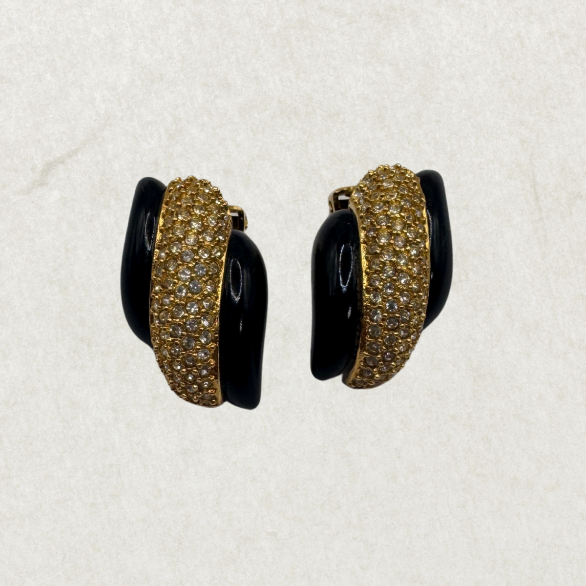 Authentic Vintage Dior Crystal & Black Enamel Clip-On Earrings – 1980s