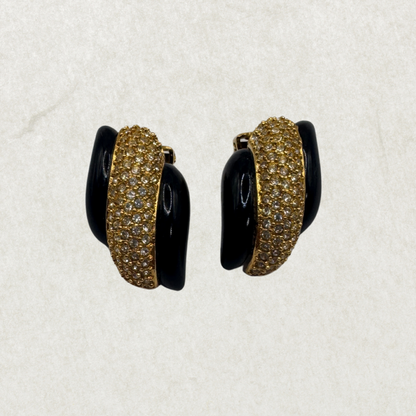 Authentic Vintage Dior Crystal & Black Enamel Clip-On Earrings – 1980s
