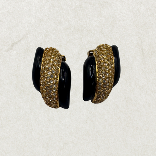 Authentic Vintage Dior Crystal & Black Enamel Clip-On Earrings – 1980s