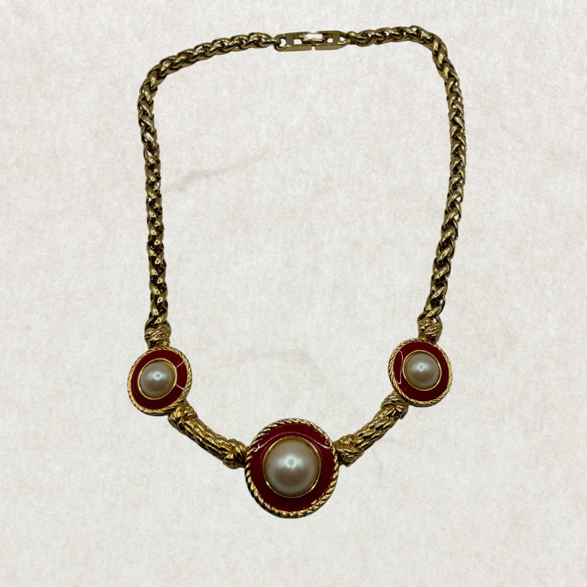 Vintage Richelieu Necklace – Gold Tone, Red Enamel & Faux Pearl, 16”, Statement Piece