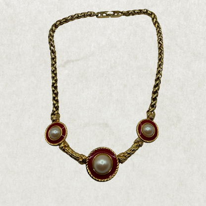 Vintage Richelieu Necklace – Gold Tone, Red Enamel & Faux Pearl, 16”, Statement Piece