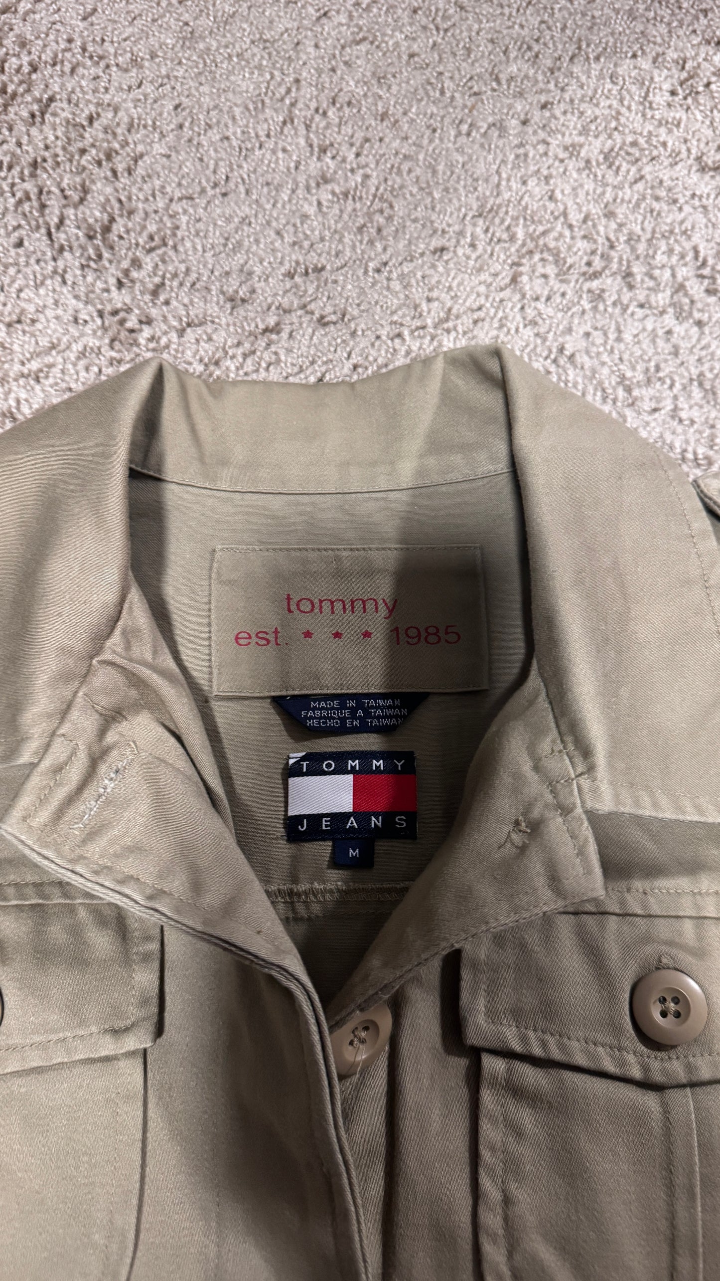 Vintage Tommy Hilfiger Women’s Military Coat – Size M, Khaki, Utility Pocket Trench Style