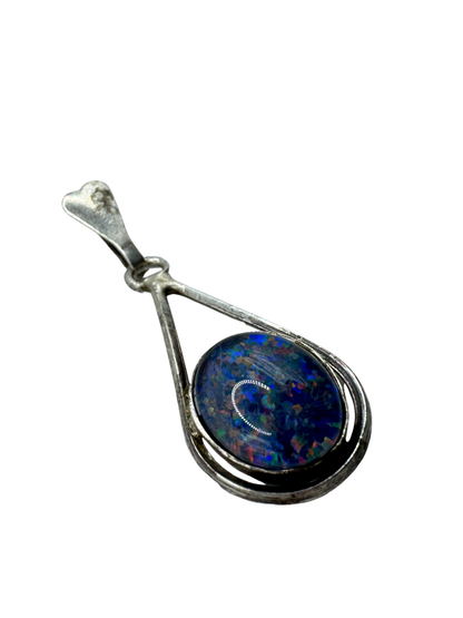 Vintage Sterling Silver Smoky Opal Pendant – Blue Fire Teardrop Gemstone Charm