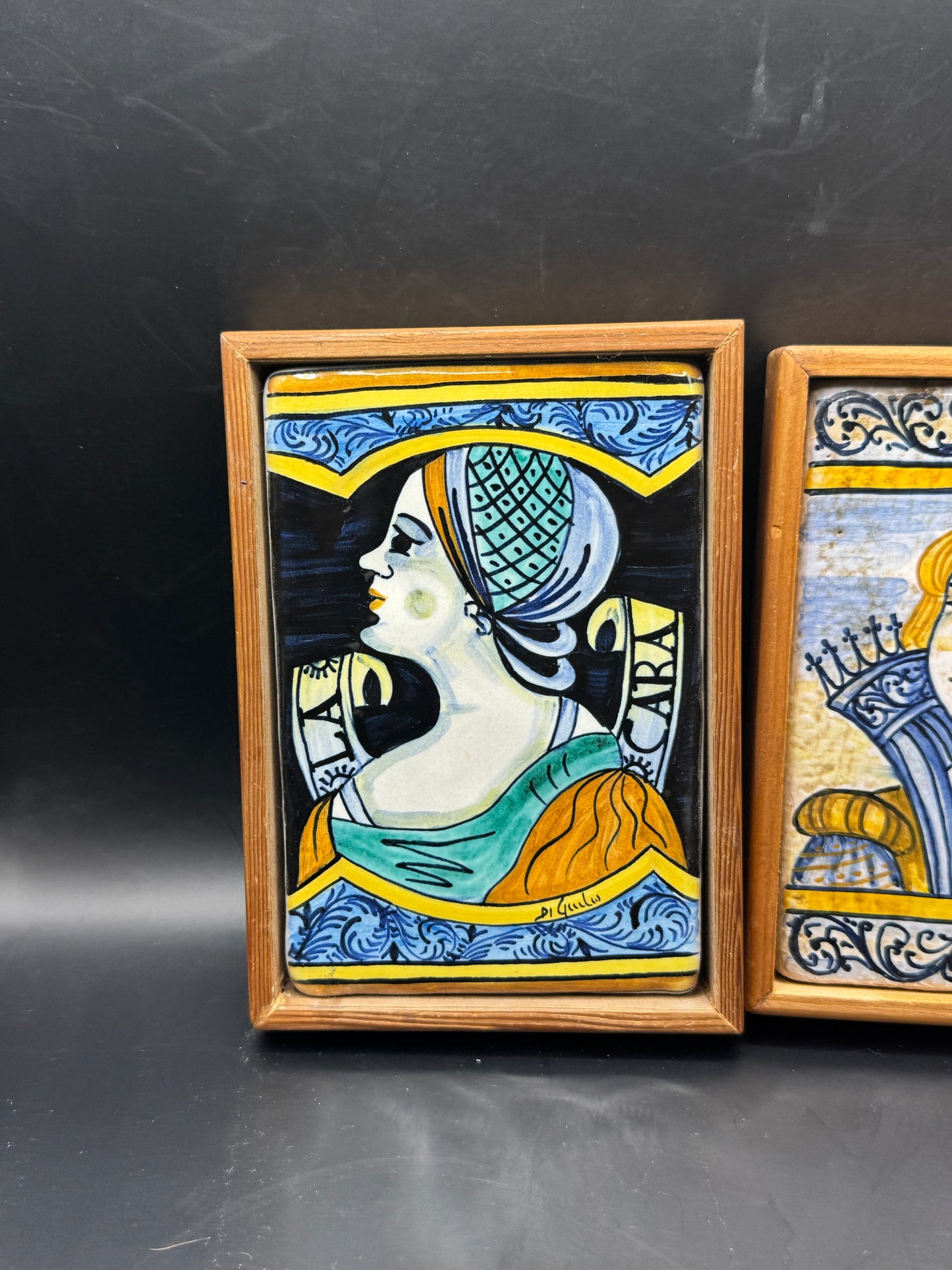 Pair of Vintage Italian Castelli Maiolica Portrait Tiles – Hand Painted Tin-Glazed Ceramic Wall Art – Framed Renaissance Style Plaques – Made in Italy