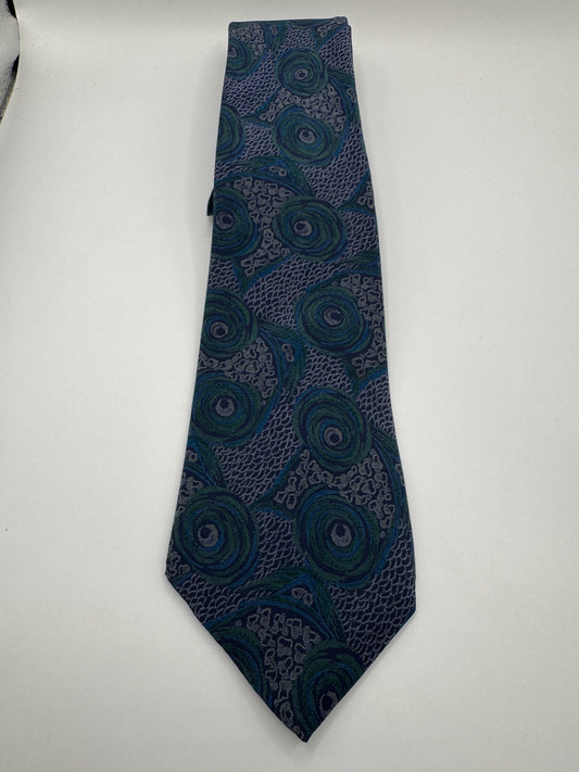 Vintage Hennessy Couture 100% Silk Tie – Blue & Green Abstract Pattern, 56” x 3.5”