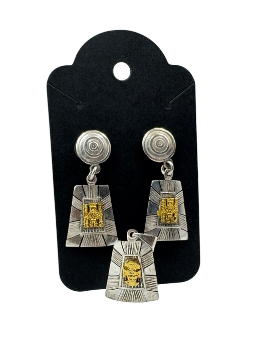 Antique Peruvian 950 Silver & Gold Jewelry Set c.1900–1920 – Earrings & Pendant